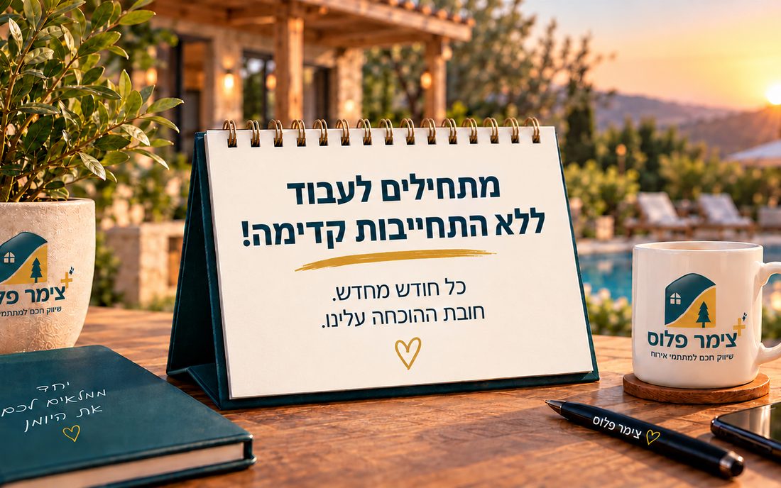 פנקס שולחני פתוח עם הכיתוב מתחילים לעבוד ללא התחייבות, על שולחן עץ מול בריכה בשקיעה